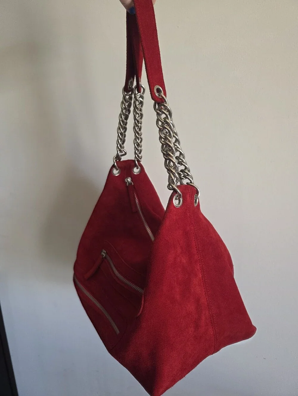 Suede Leather Hobo Bag Chain Strap Red Silver Tone Boho Y2k Western Chic